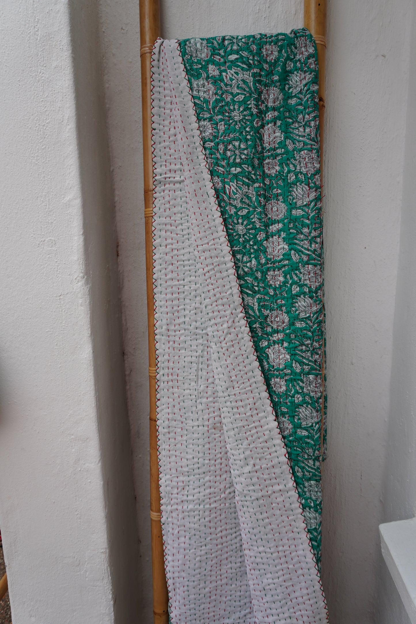Kantha Quilt in Emerald and white Flowers