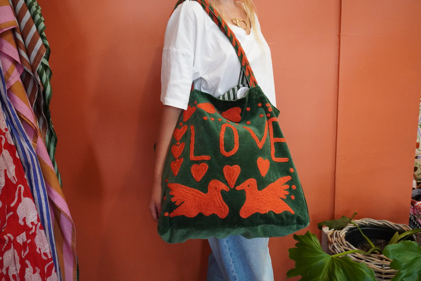 Velvet LOVE Bag in Green & Neon Orange