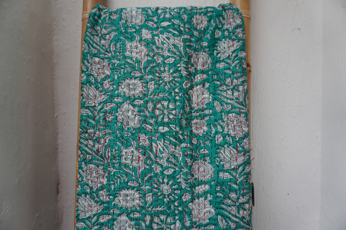 Kantha Quilt in Emerald and white Flowers
