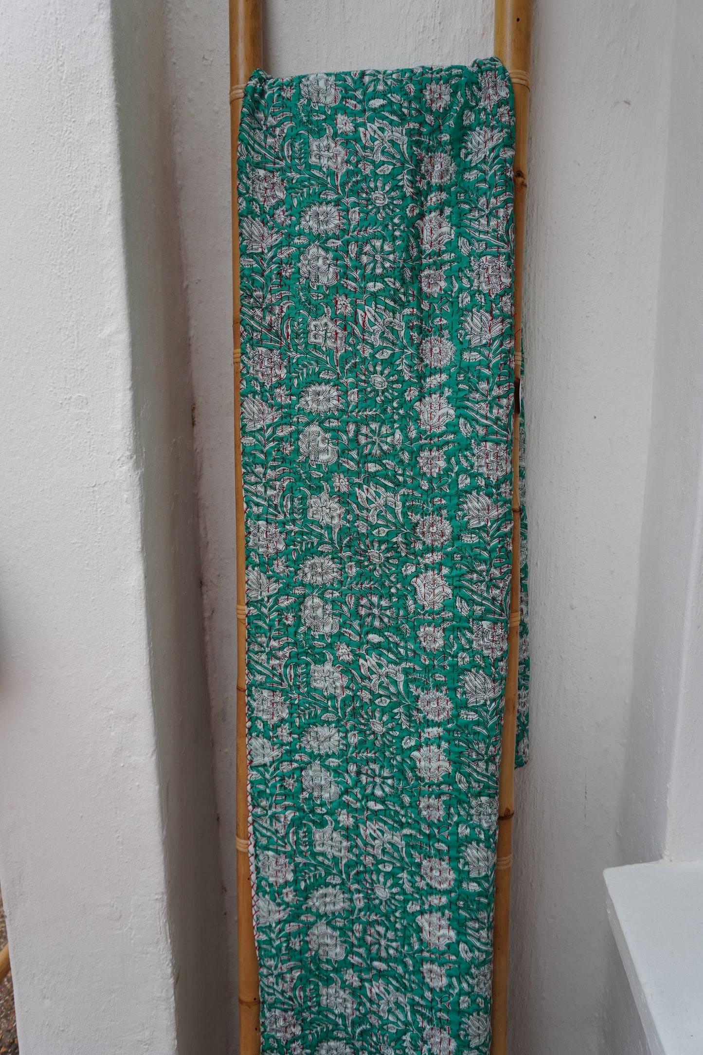 Kantha Quilt in Emerald and white Flowers