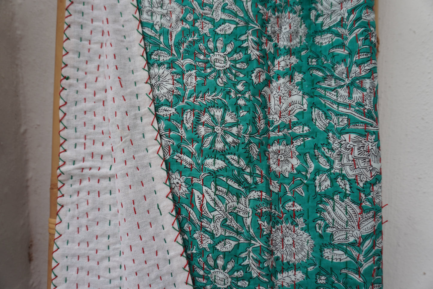 Kantha Quilt in Emerald and white Flowers