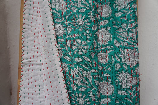 Kantha Quilt in Emerald and white Flowers