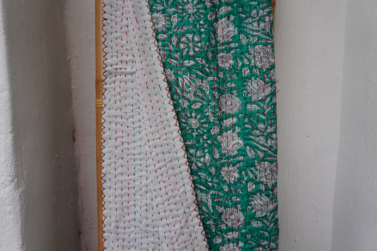 Kantha Quilt in Emerald and white Flowers