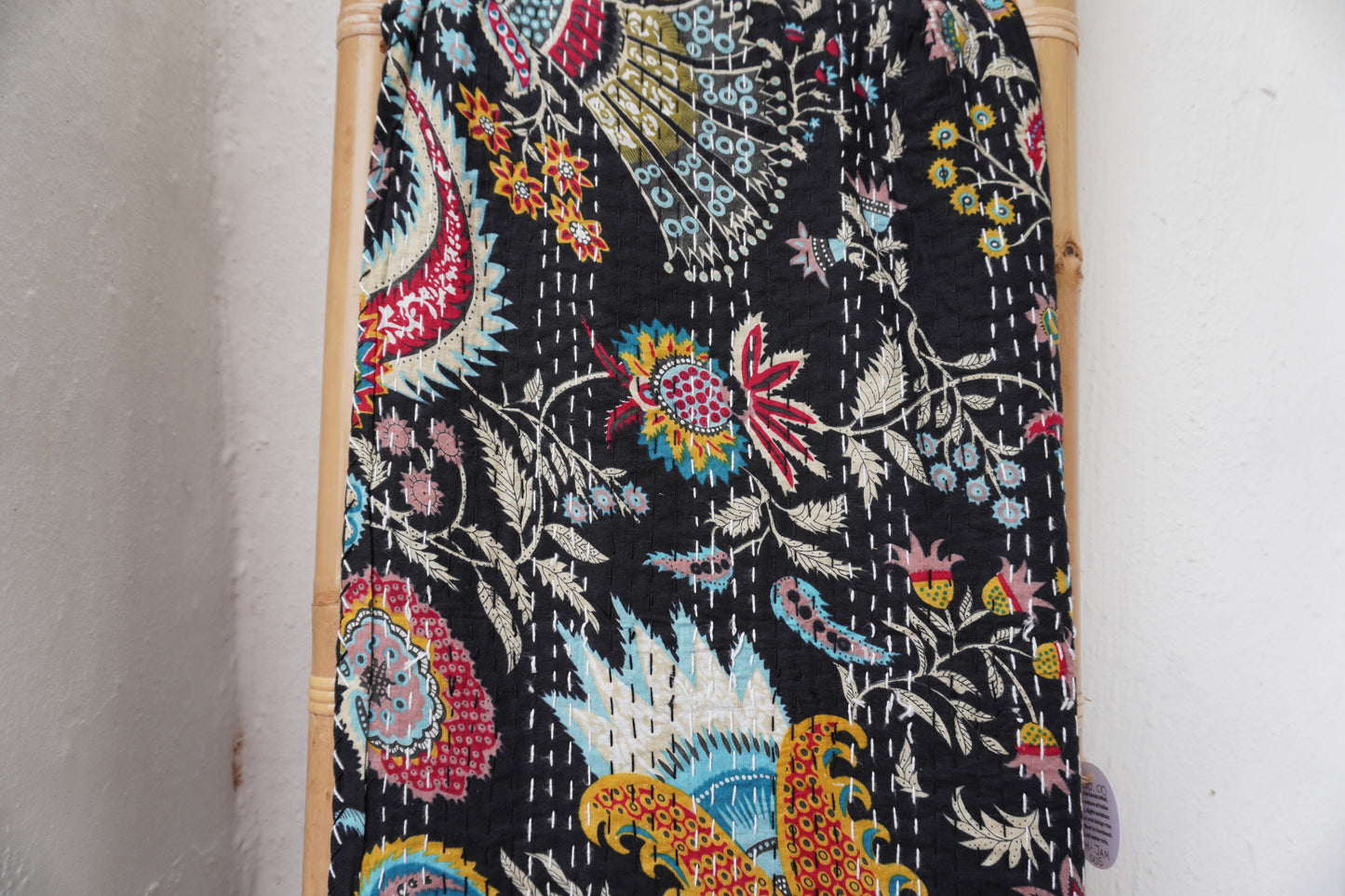 Kantha Quilt in Black with Psychedelic Flowers