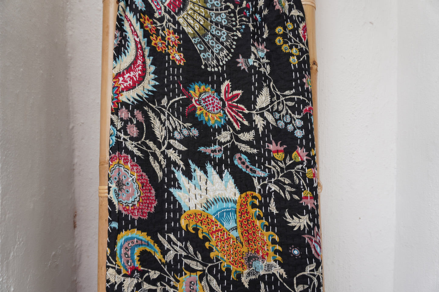 Kantha Quilt in Black with Psychedelic Flowers