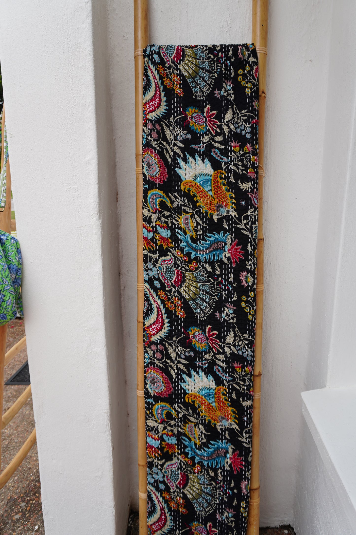 Kantha Quilt in Black with Psychedelic Flowers