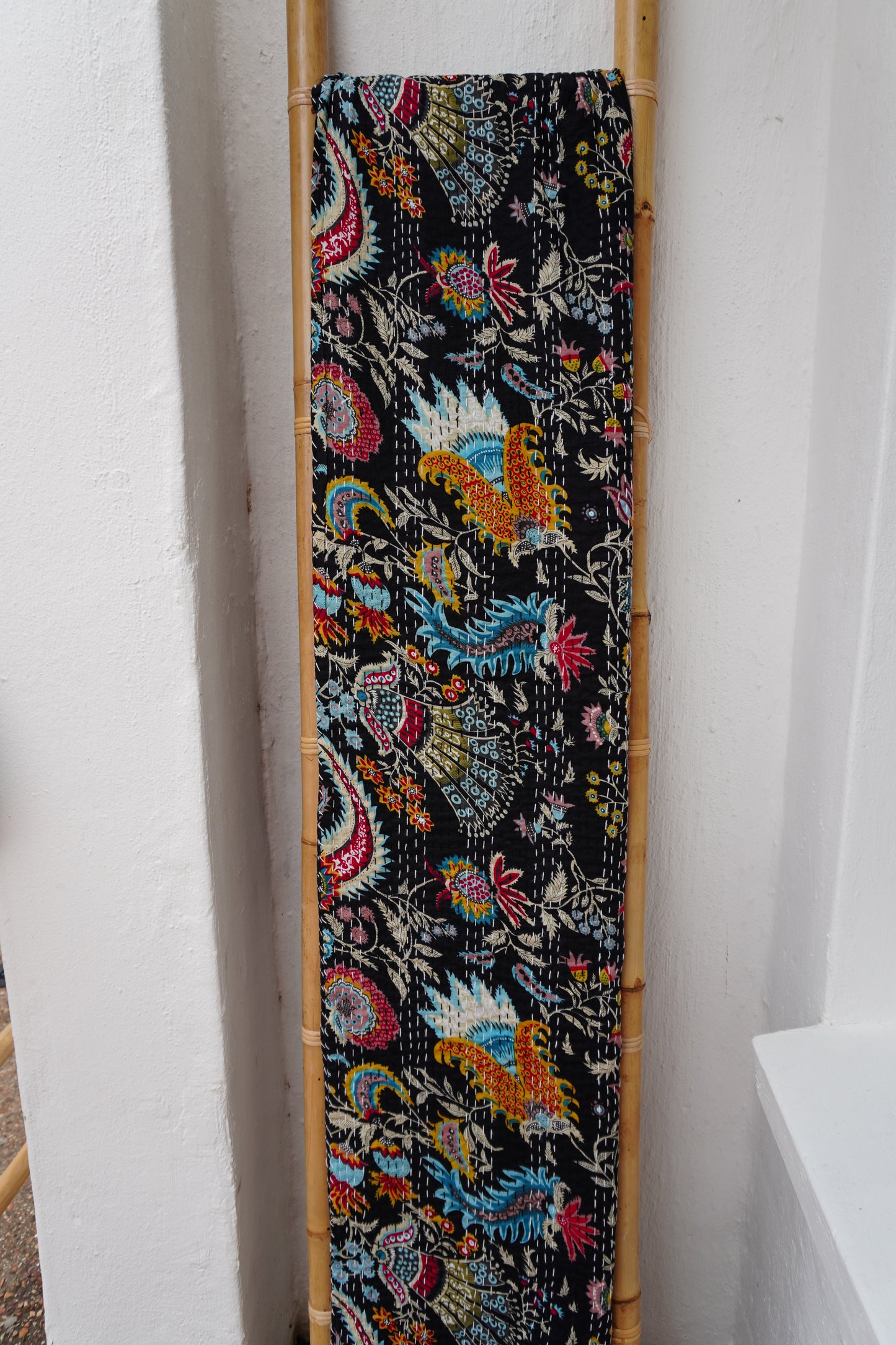Kantha Quilt in Black with Psychedelic Flowers