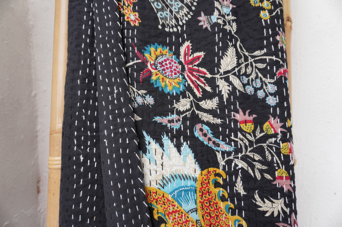 Kantha Quilt in Black with Psychedelic Flowers
