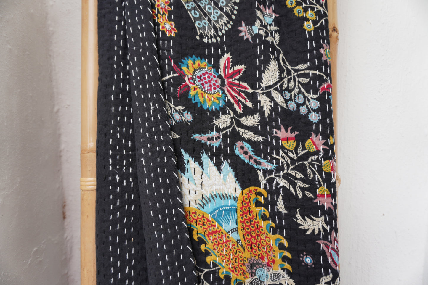 Kantha Quilt in Black with Psychedelic Flowers