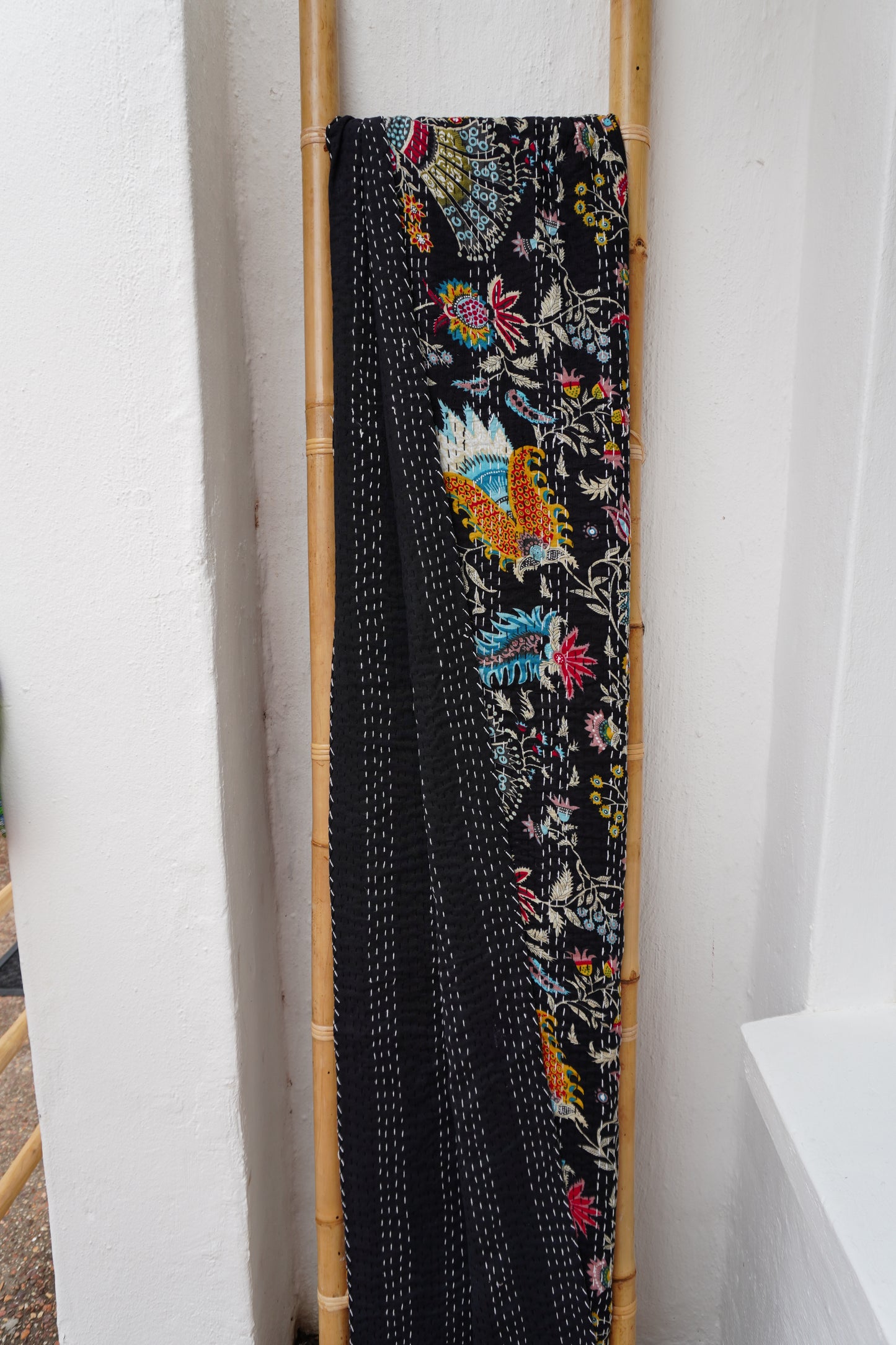 Kantha Quilt in Black with Psychedelic Flowers