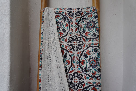 Kantha Quilt in white with RUST AND NAVY FLORALS
