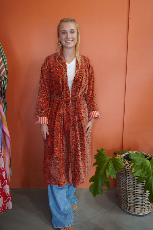 Orange TIGER PRINT Velvet Kimono