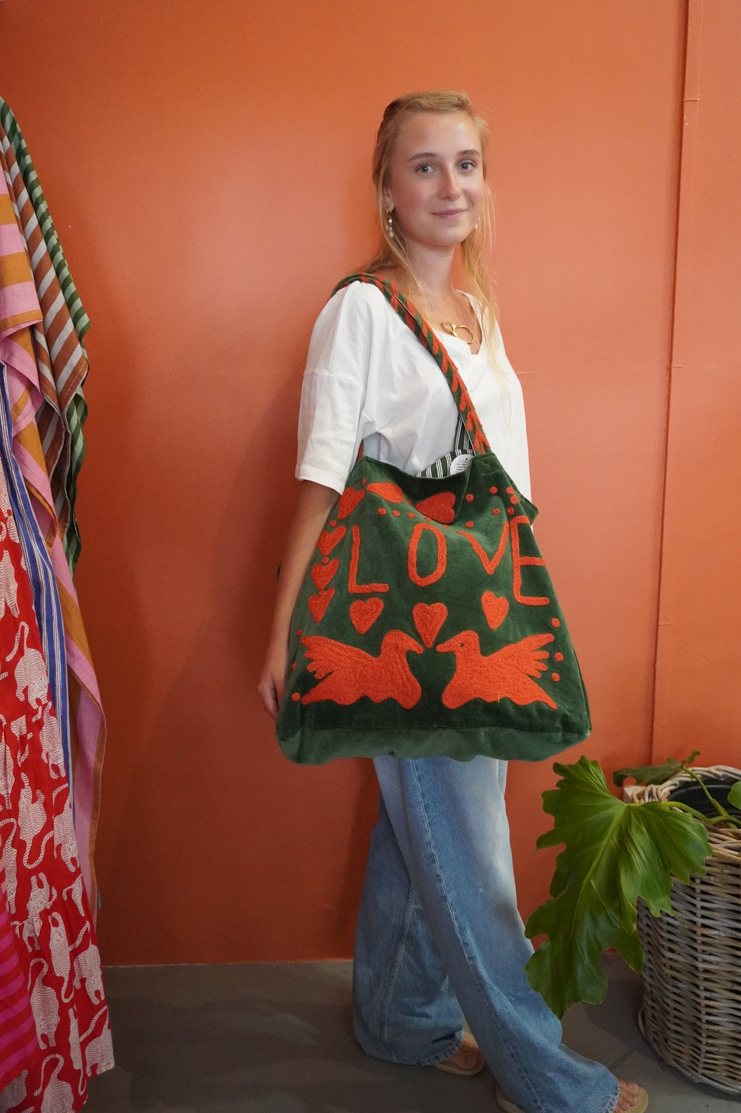 Velvet LOVE Bag in Green & Neon Orange