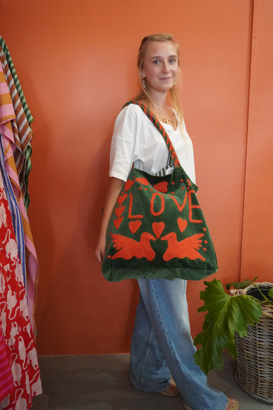 Velvet LOVE Bag in Green & Neon Orange