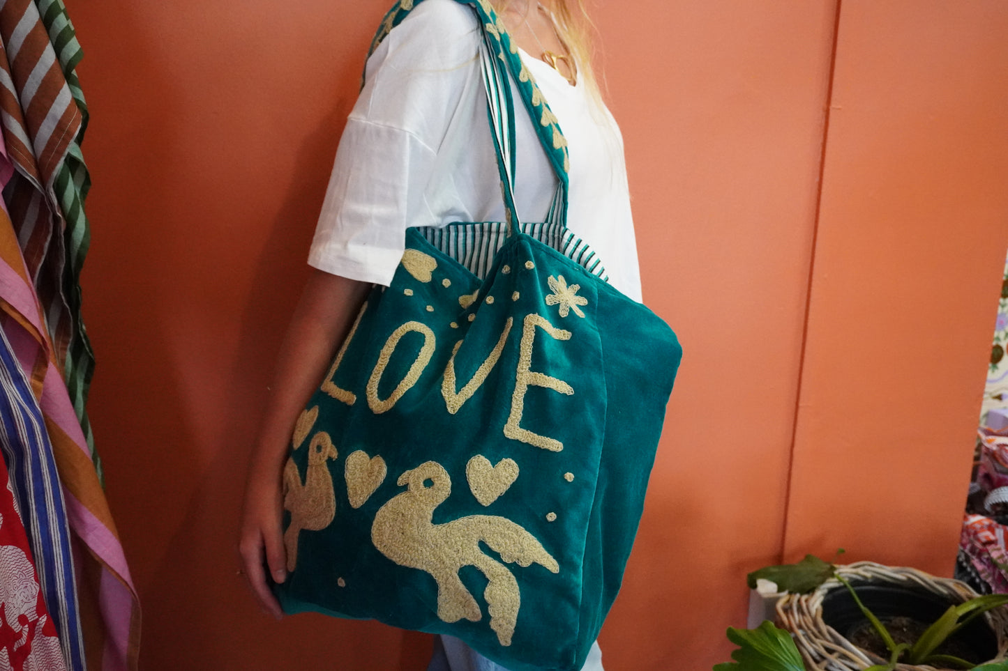 VELVET Tote Bag in Emerald Green & Gold